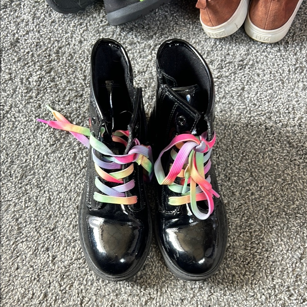 Kids Black Boots with Rainbow Laces